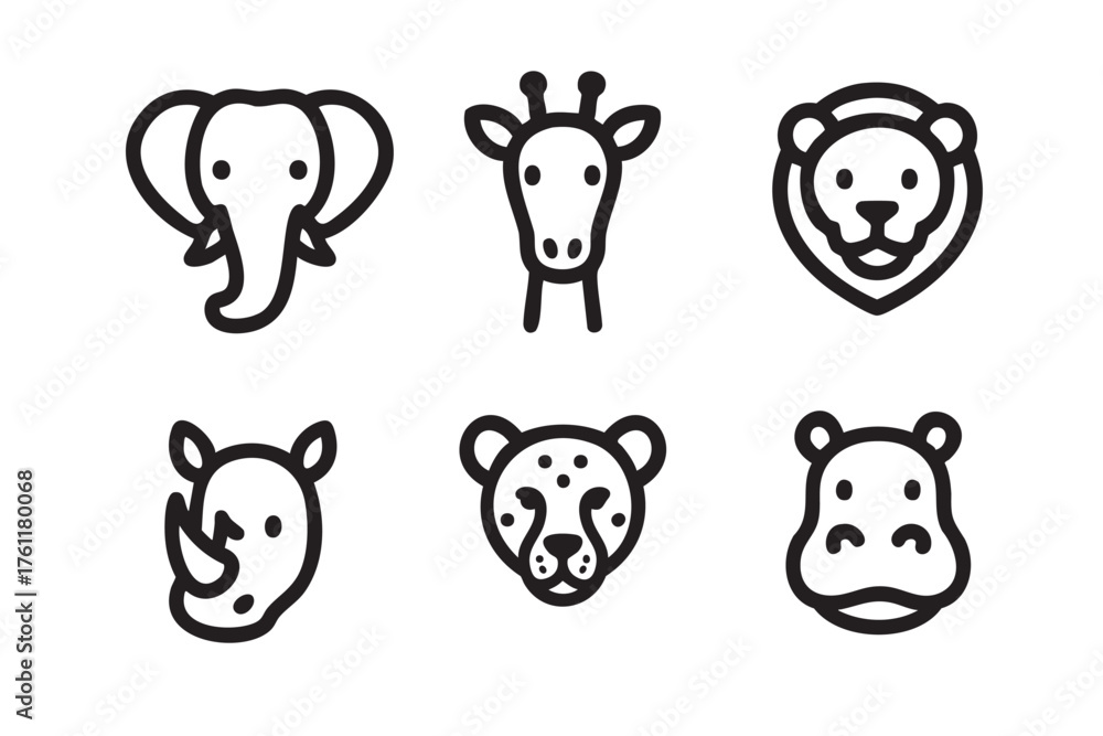 Obraz premium Set of six black outline icons depicting different wild animals, including an elephant, giraffe, lion, rhinoceros, cheetah, and hippopotamus.