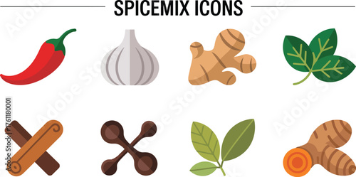 Spicemix icons, chili vector icon sheet, ginger vector icon sheet.