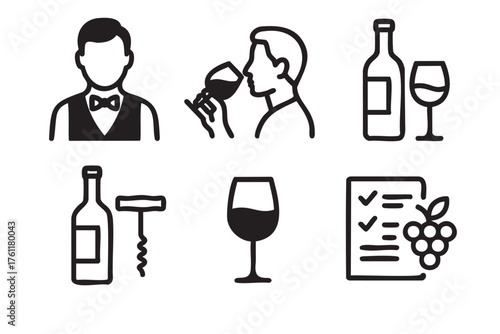 Black outline icons showing a sommelier, a person tasting wine, bottles, a corkscrew, a wine glass, and a checklist with grapes.