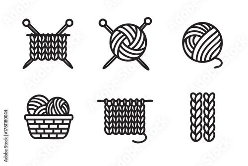 Black outline icons of knitting elements featuring yarn balls, knitting needles, woven patterns, and a yarn-filled basket.