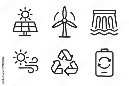 Black outline icons of renewable energy sources including solar panels, wind turbine, hydroelectric dam, solar wind, recycling symbol, and battery with recycling sign.