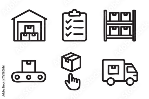 Black outline icons of a warehouse, checklist, shelving unit, conveyor belt, hand selecting a box, and delivery truck, representing logistics and supply chain concepts.