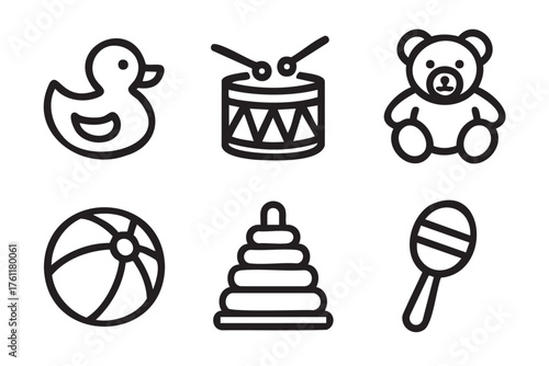 Black outline icons of a rubber duck, drum, teddy bear, beach ball, stacking rings, and maraca, representing classic children's toys.