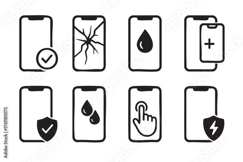 Black outline vector icons of various smartphone states including cracked screen, water damage, protection, and interaction features.