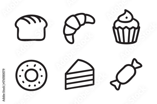 Simple black outline icons representing a loaf of bread, a croissant, a cupcake, a donut, a slice of cake, and a wrapped candy.