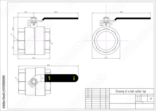 Vector ball water tap with thread. Engineering mechanical educational drawing of steel 
part with dimension line. Industrial design 
on white paper sheet. Technology hand drawn schematic diagram.