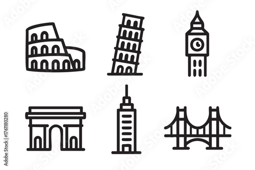 Black outline icons of iconic landmarks including the colosseum, leaning tower, big ben, arc de triomphe, empire state building, and golden gate bridge.