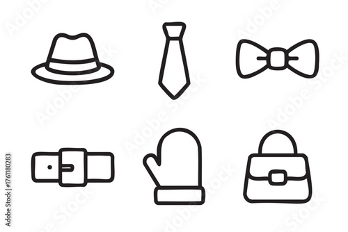 Set of six black outline icons featuring a fedora hat, necktie, bow tie, belt, mitten, and handbag, representing various fashion accessories.