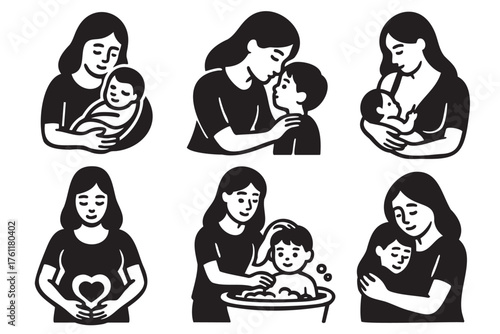 Black outline illustrations of mothers performing various nurturing activities with their children, including hugging, bathing, and holding an infant.