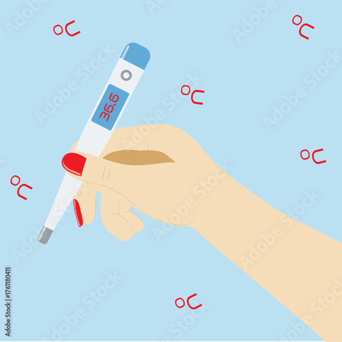 Female hand holding digital thermometer, normal temperature 36.6 degrees, White electronic thermometer with red numbers, LCD display