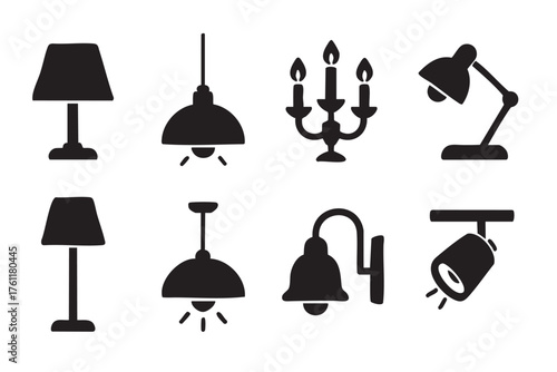 Black silhouette icons of various lamp designs, including table, pendant, chandelier, wall, and spotlight lamps with simple and modern styles.