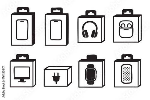 Black outline drawings of various electronic product packaging, including smartphone, headphones, smartwatch, and speaker, displayed in two rows.