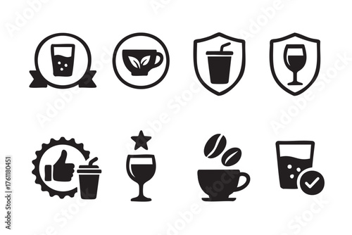 Black silhouette icons of various beverages including coffee, tea, wine, and soft drinks, each within different styled badges and symbols.