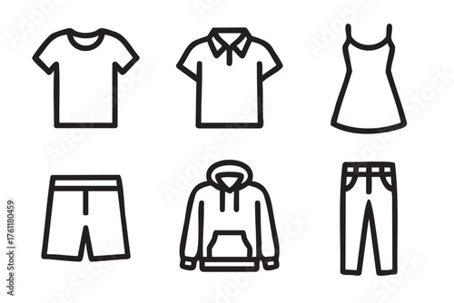 Black outline vector icons of various clothing items including a t-shirt, polo shirt, dress, shorts, hoodie, and pants, representing different fashion styles.
