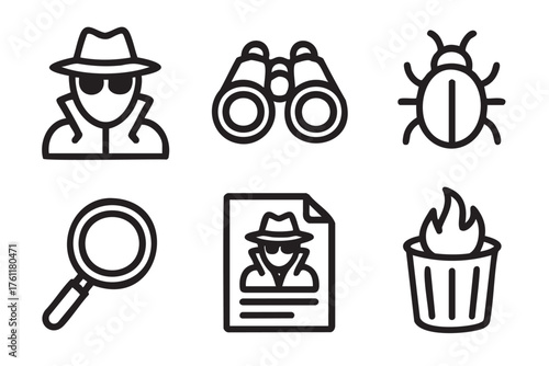Set of six black outline icons featuring a detective, binoculars, beetle, magnifying glass, wanted poster, and a burning trash can.