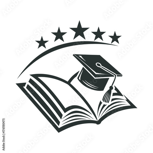 Open book graduation cap and stars symbolizing achievement and education excellence isolated on white background