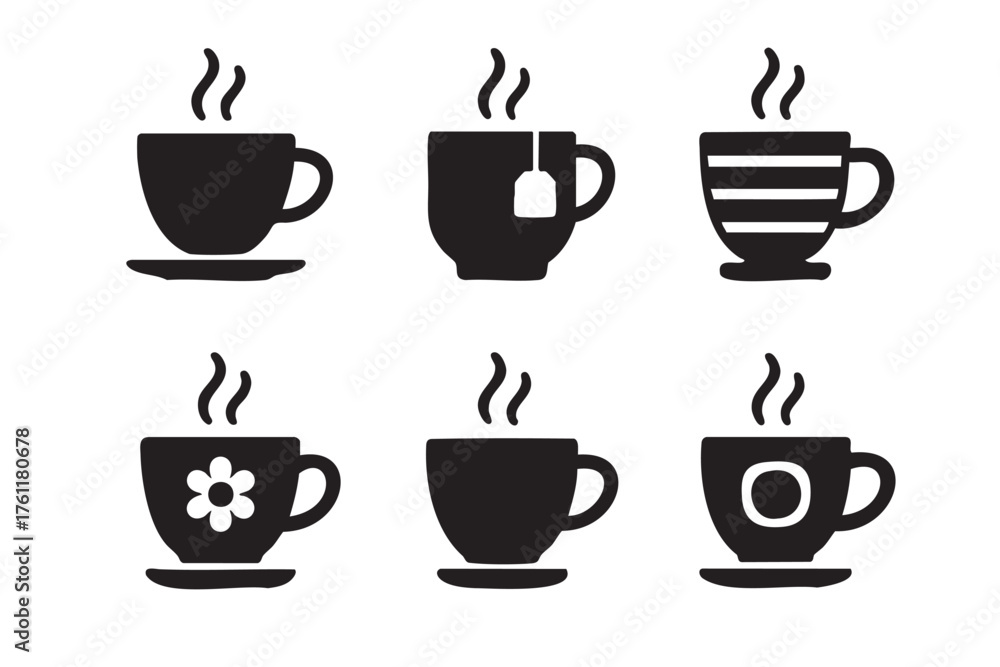 Obraz premium Six black silhouette icons of steaming coffee cups, each with a unique design, arranged in two rows on a plain background.