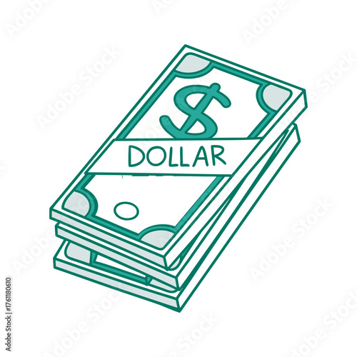Hand-drawn stack of us dollar bills symbolizing wealth and financial transactions isolated on white background