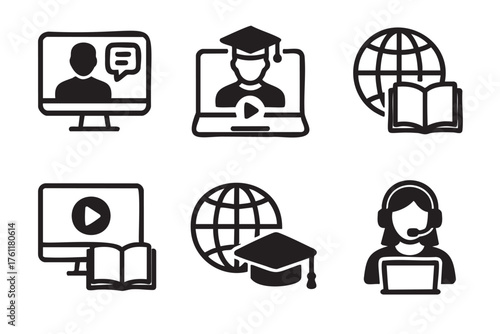 Black outline icons of online education symbols featuring computers, graduation caps, and globes, representing distance learning and communication.