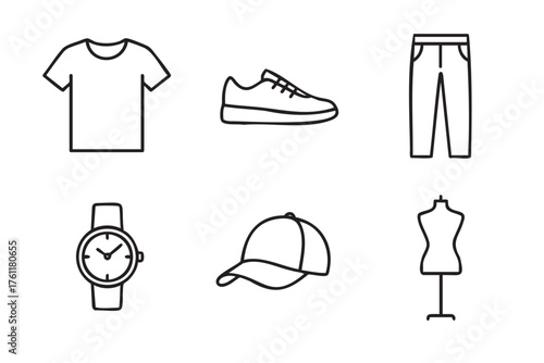 Simple black outline icons of a t-shirt, sneaker, pants, watch, cap, and mannequin representing basic fashion items.