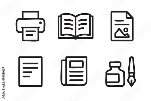 Black outline icons of a printer, open book, image document, text document, newspaper, and ink bottle with brush, representing various media concepts.