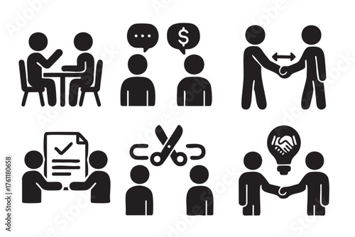 Black silhouette icons depicting business interactions including meetings, negotiations, contract signing, partnership, conflict resolution, and collaboration.