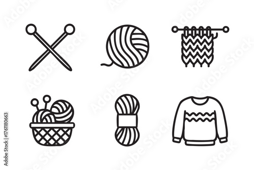 Black outline icons depicting knitting needles, yarn ball, knitting swatch, basket with yarn, skein of yarn, and a knitted sweater.