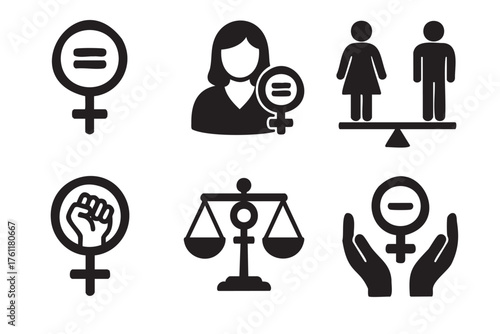 Collection of gender equality icons featuring scales, fists, and symbols promoting social justice and balance.