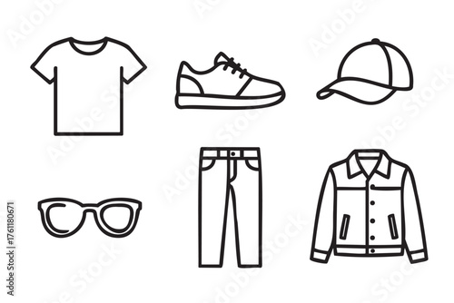 Black outline icons of casual clothing and accessories, including a t-shirt, sneakers, cap, sunglasses, jeans, and a jacket, representing everyday fashion items.