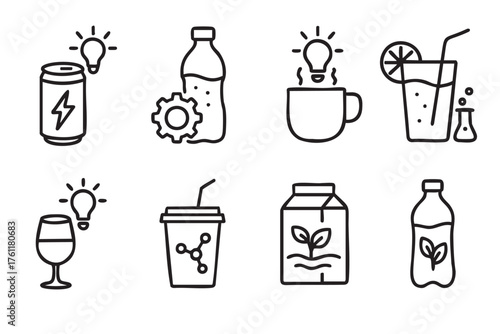 Black outline icons of various beverages including an energy drink, bottled water, hot beverage, cocktail, wine glass, takeout cup, juice carton, and water bottle.