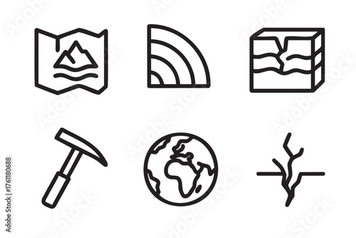 Black outline icons representing geological concepts: a map with mountains, seismic waves, a layered earth, a geologist's hammer, earth globe, and a fault line.