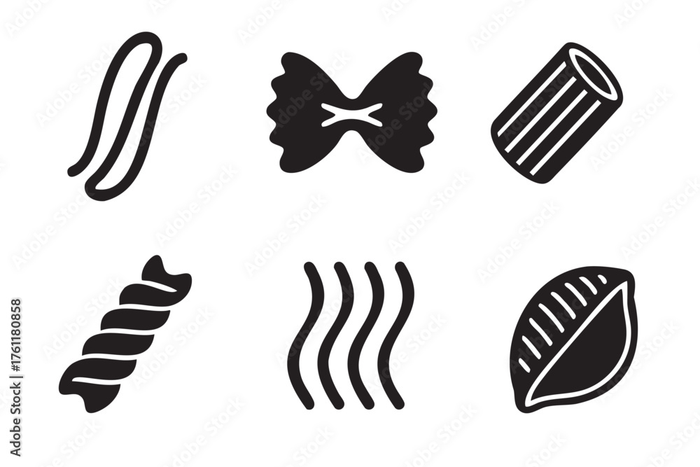 Fototapeta premium Six black outline icons of various pasta shapes, including fusilli, farfalle, rigatoni, and conchiglie, arranged in two rows on a white background.