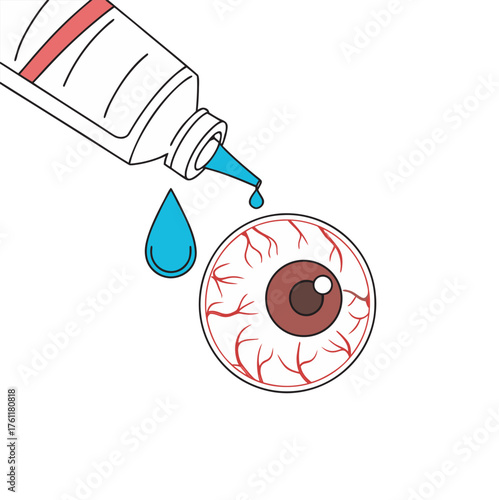 Close-up of eyeball receiving eyedrops from a white tube dispenser isolated on white background