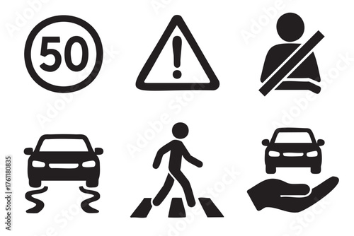 A collection of six black and white road signs depicting speed limit, caution symbol, seatbelt reminder, slippery road, pedestrian crossing, and car protection.