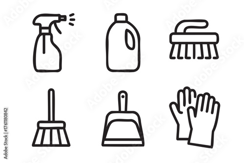 Black outline icons of cleaning supplies including a spray bottle, detergent bottle, scrubbing brush, broom, dustpan, and gloves arranged in a grid.
