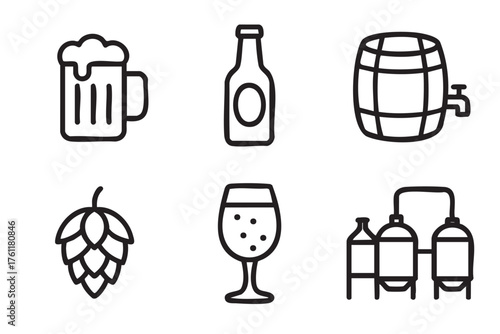 Black outline icons of a beer mug, bottle, barrel, hops, wine glass, and brewery tanks. simple linear illustrations representing brewing and beer production.