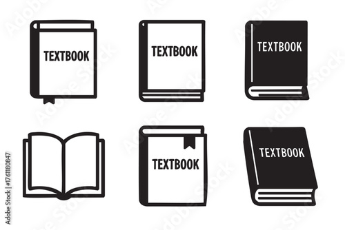 Six black and white vector icons of textbooks, including closed and open versions, with one icon featuring a bookmark.
