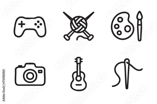 Simple black outline icons depict a game controller, ball of yarn with knitting needles, artist palette with brush, camera, guitar, and a needle with thread.