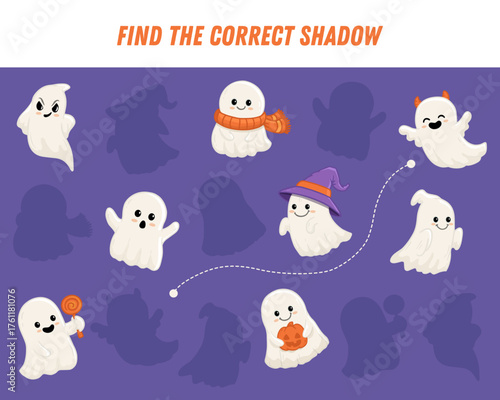Find correct shadow of cute ghosts. Educational logical game for kids. Halloween game. Cartoon ghost in flat style. Vector