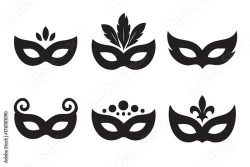 Six black silhouette masquerade masks, each with unique ornamental designs including feathers, swirls, dots, and fleur-de-lis accents.
