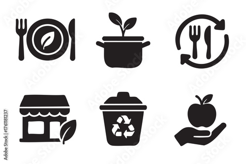 Black silhouette icons representing eco-friendly dining, sustainable planting, reusable cutlery, a storefront, recycling, and healthy eating concepts.