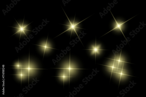 Golden sparkle  lights, flashing lights, light effects, sunlight lens flare, glowing ray beams, sparkling starsicon on black background.