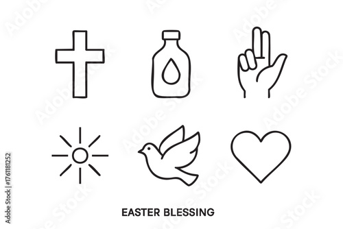 Set of black outline icons depicting symbols of easter, including a cross, holy water bottle, blessing hand gesture, sun, dove, and heart.
