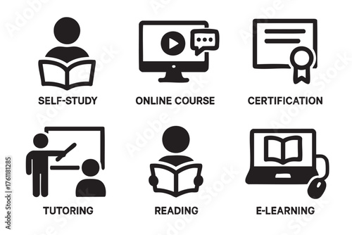 Six icons representing various forms of learning, including self-study, online courses, certification, tutoring, reading, and e-learning.