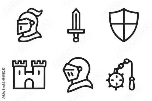 Black outline icons depicting medieval symbols including a knight helmet, sword, shield, castle, and mace, representing historical warfare and defense.
