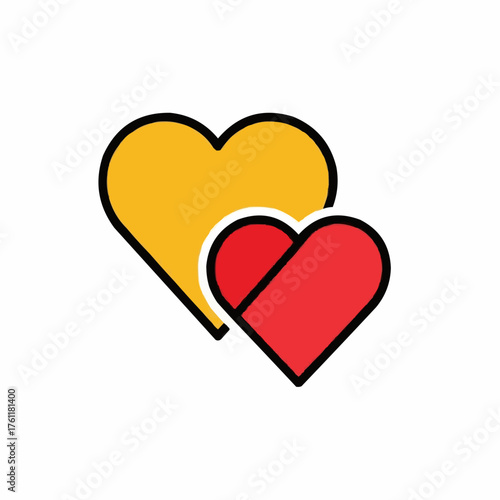 Two overlapping hearts in red and yellow color scheme  