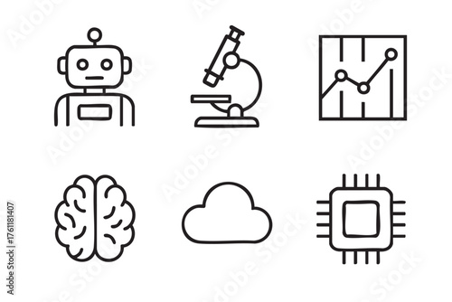 Black outline icons of a robot, microscope, graph, brain, cloud, and microchip, representing technology, science, and data concepts.