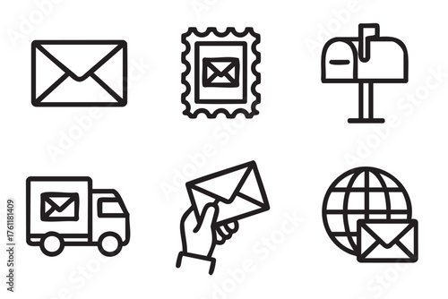 Simple black outline icons depicting various mail-related symbols, including an envelope, postage stamp, mailbox, mail truck, hand holding an envelope, and a globe with envelopes.