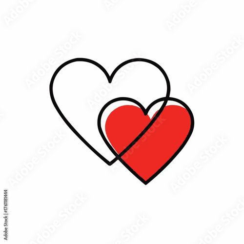 Overlapping red and white hearts in simple line art style  
