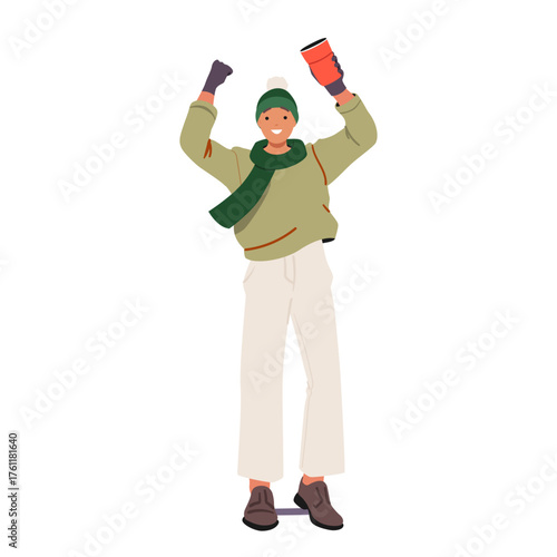 Happy man cartoon character having fun while celebrating Christmas outdoors isolated on white